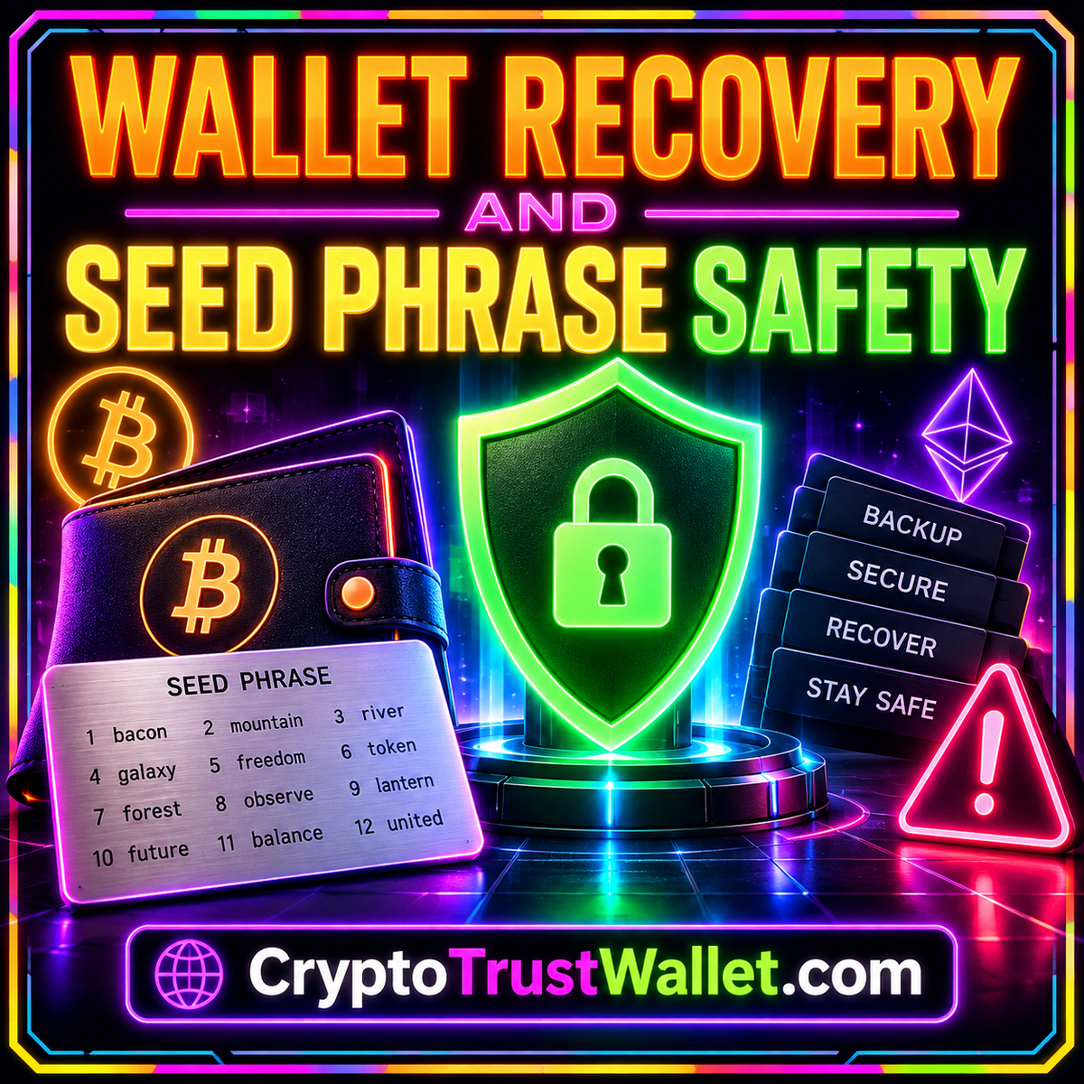 Wallet Recovery and Seed Phrase Safety: A Practical Plan — neon typography illustration