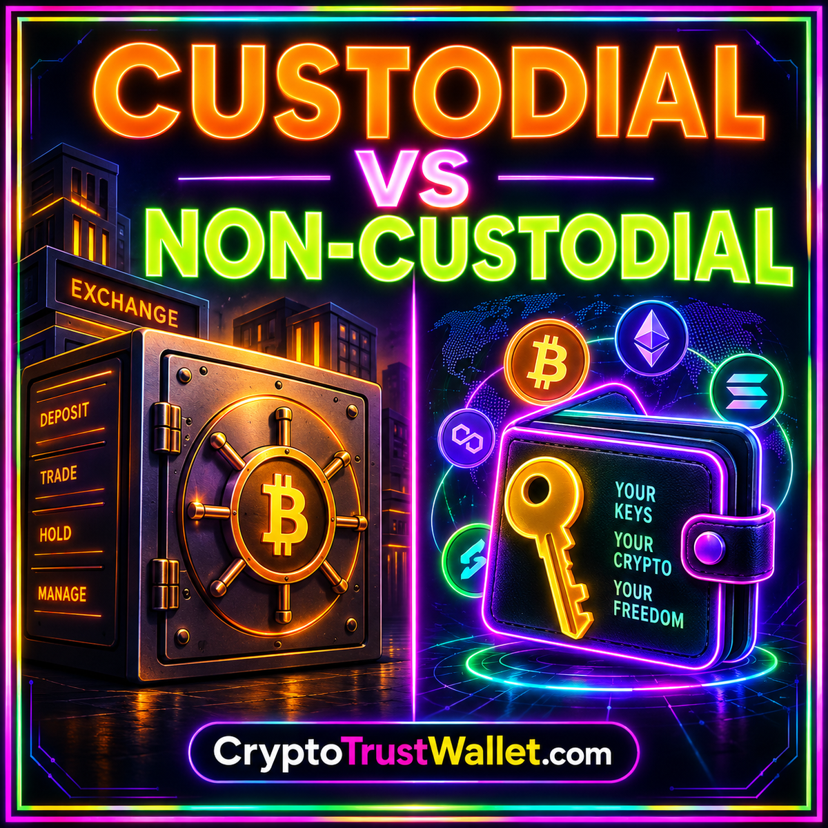 Custodial vs Non-Custodial Wallets: Map the Responsibilities — neon typography illustration