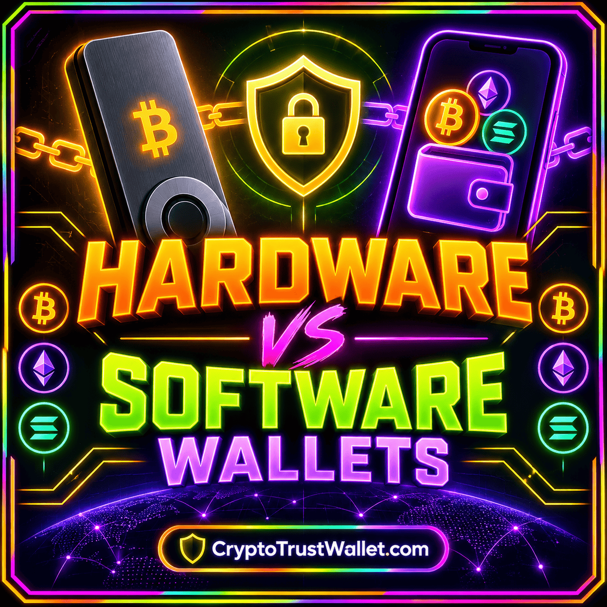 Hardware vs Software Wallets: Compare the Complete Setup — neon typography illustration
